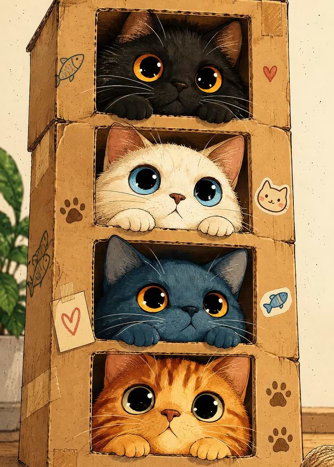 Four Cute Cats in Cardboard Boxes