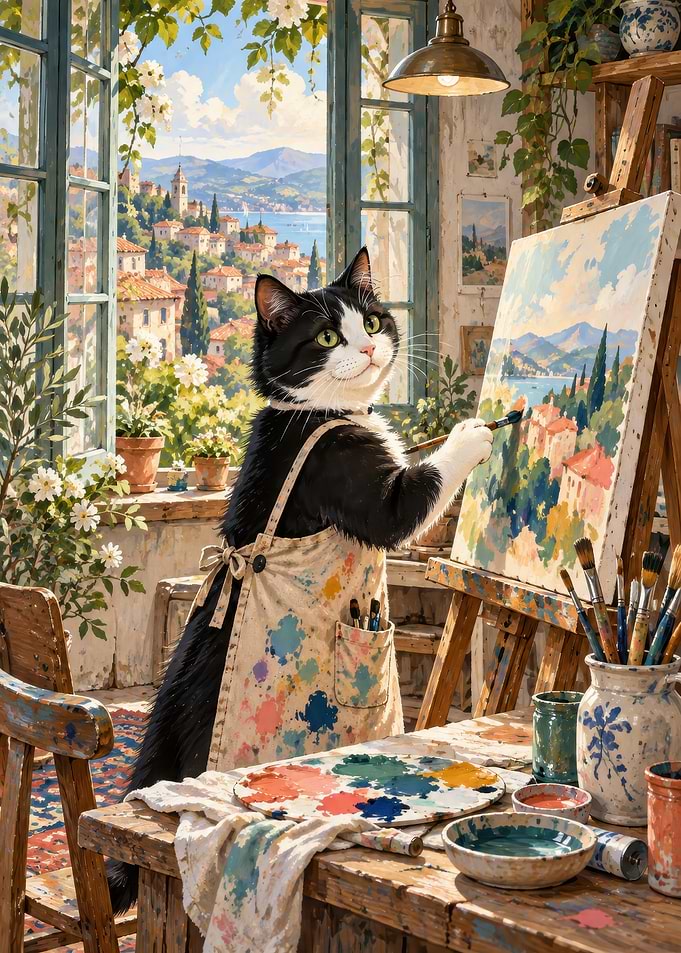 Artist Cat Painting Mediterranean Landscape