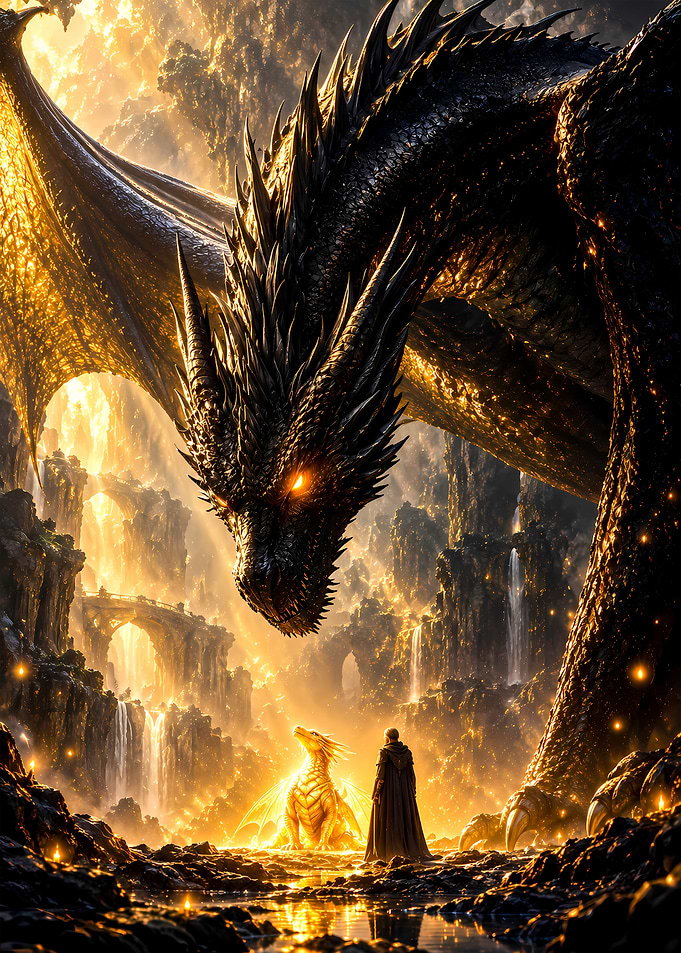 Giant Black Dragon and Golden Dragon