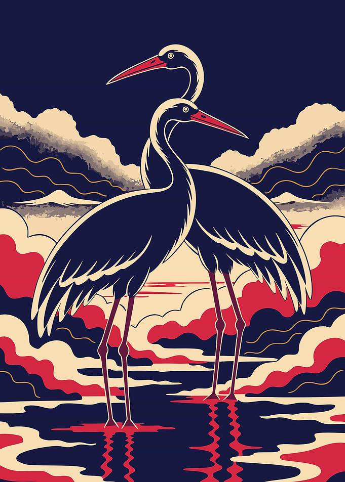 Japanese Cranes Ukiyo-e Metal Poster, No Text