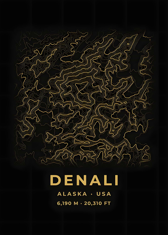 Denali Topographic Map Black Gold Poster