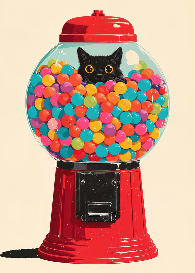 Black Cat Inside Colorful Vintage Gumball Machine