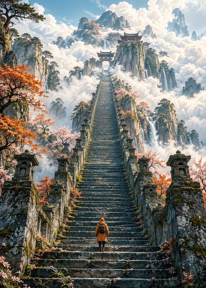 Traveler Ascending Ancient Mountain Staircase