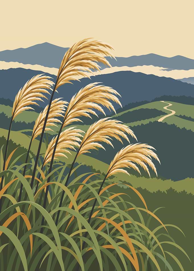 Winding Path Through Misty Rolling Hills — Detailed Japanese Wall Art