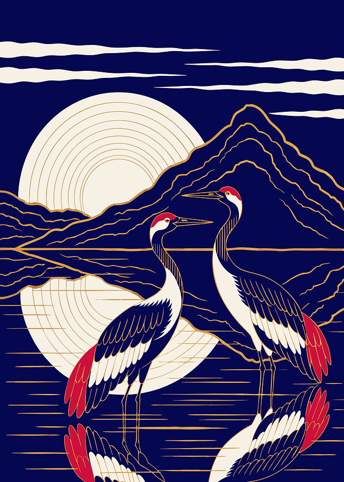 Japanese Cranes Ukiyo-e Metal Poster, No Text