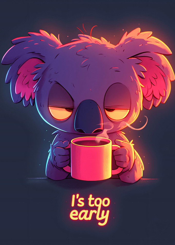 Tired Koala Drinking Morning Coffee