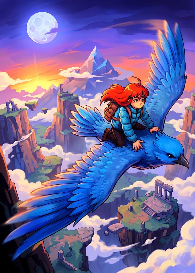 Madeline Riding Bird in Celeste