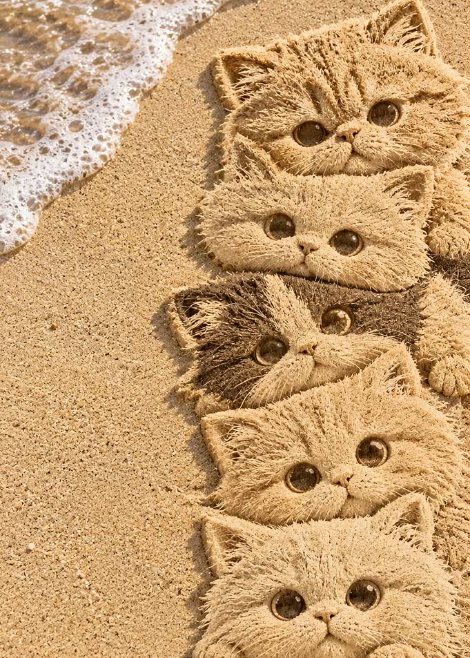 Sand Sculpted Kittens on Beach