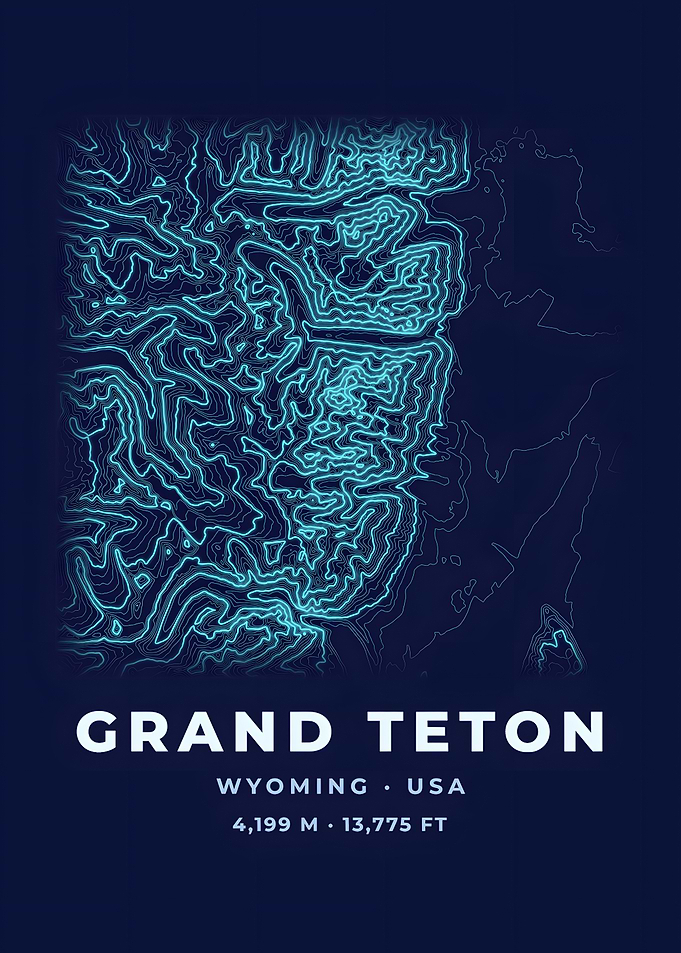 Grand Teton Topographic Map Neon Blue Poster