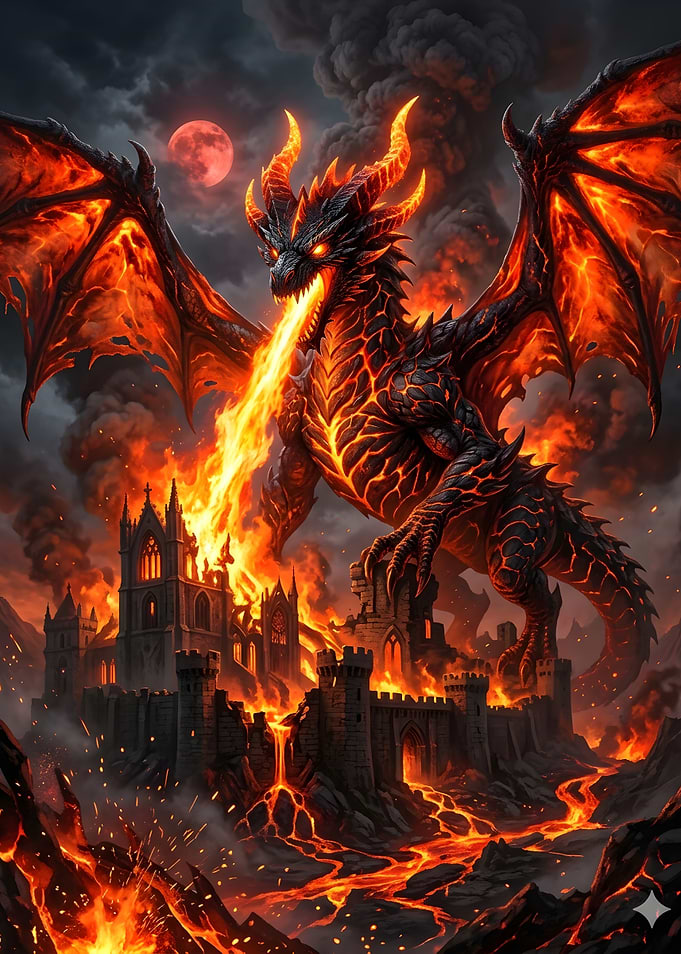 Fiery Dragon Destroying Medieval Castle
