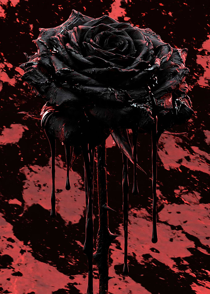 Dripping Black Rose on Red Background