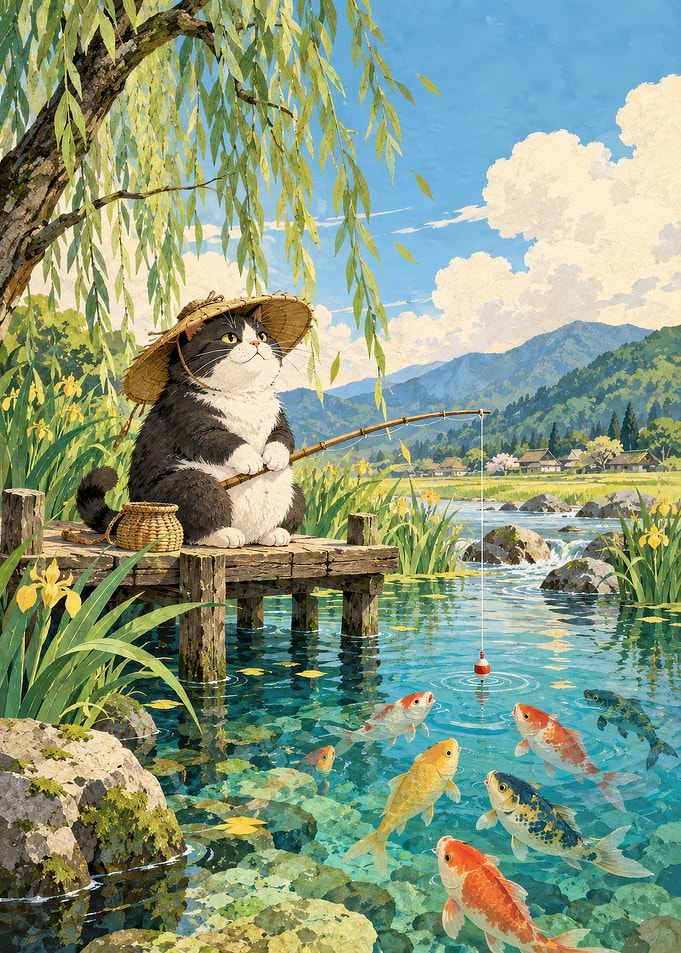 Cat Fishing by a Mountain Stream