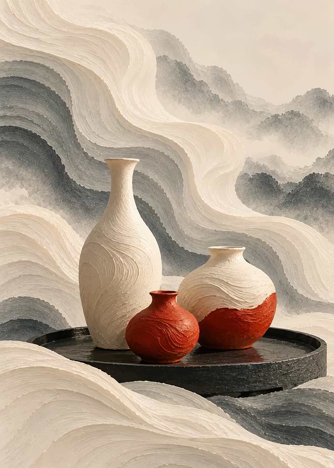 Textured Ceramic Vases on Tray