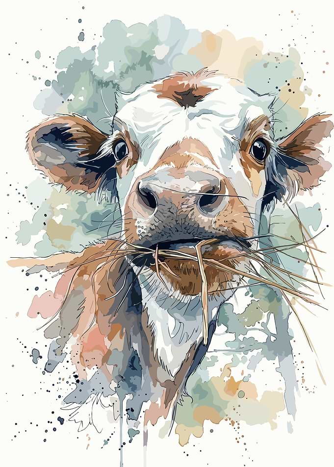 Watercolor Portrait of a Chewing Cow