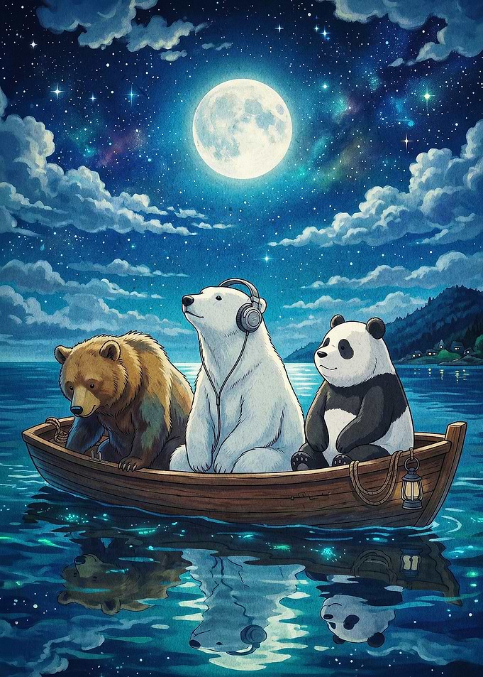 Bears Boat Night Fantasy Art