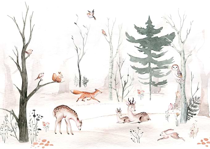 Fox and Deer in the Winter Woods