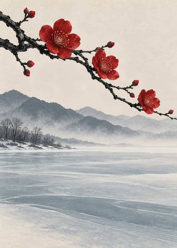 Red Plum Blossoms Over Frozen Lake
