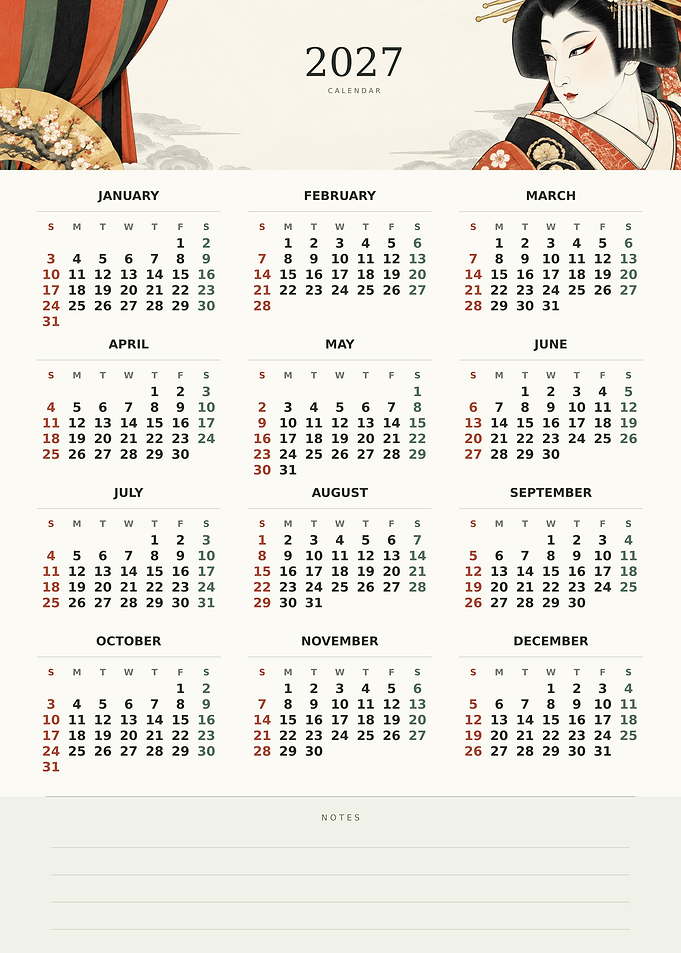 2027 Japanese Geisha Themed Calendar