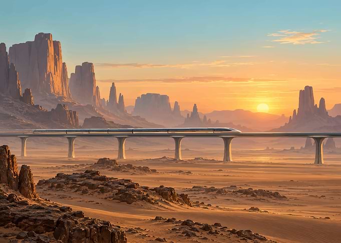 Futuristic Train Crossing Desert Landscape