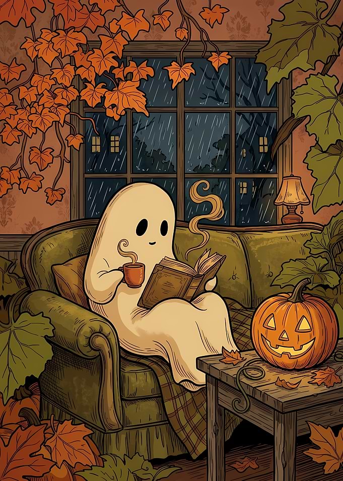 Cozy Ghost Reading on Rainy Day