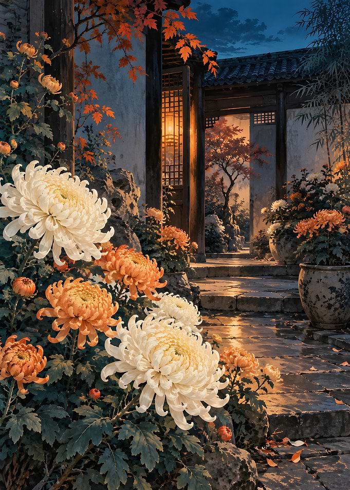 Chrysanthemums in a Traditional Garden