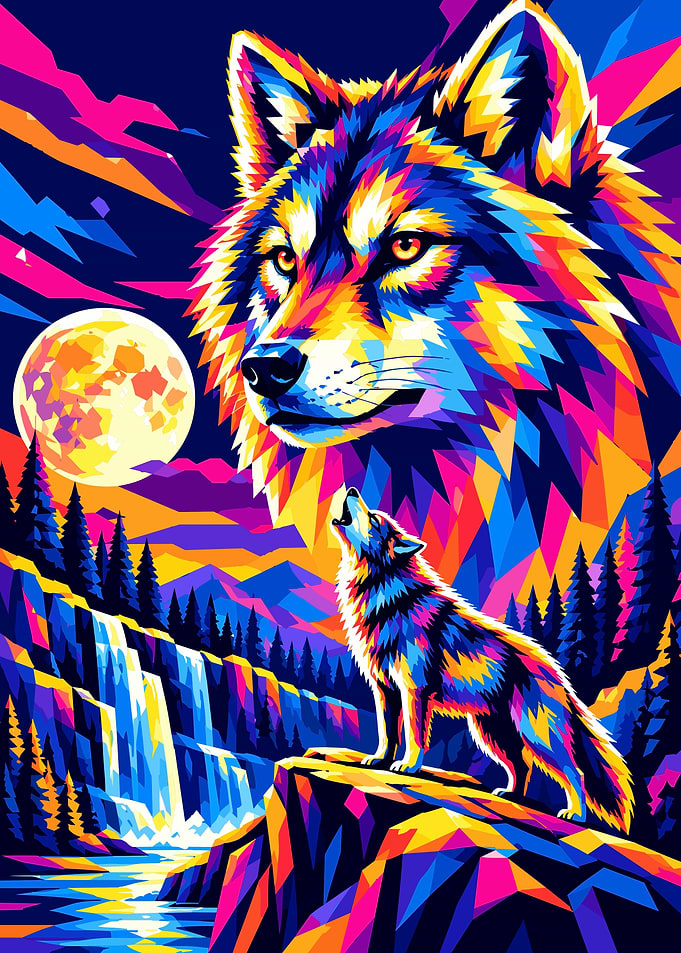 Colorful Geometric Wolf Howling at Moon