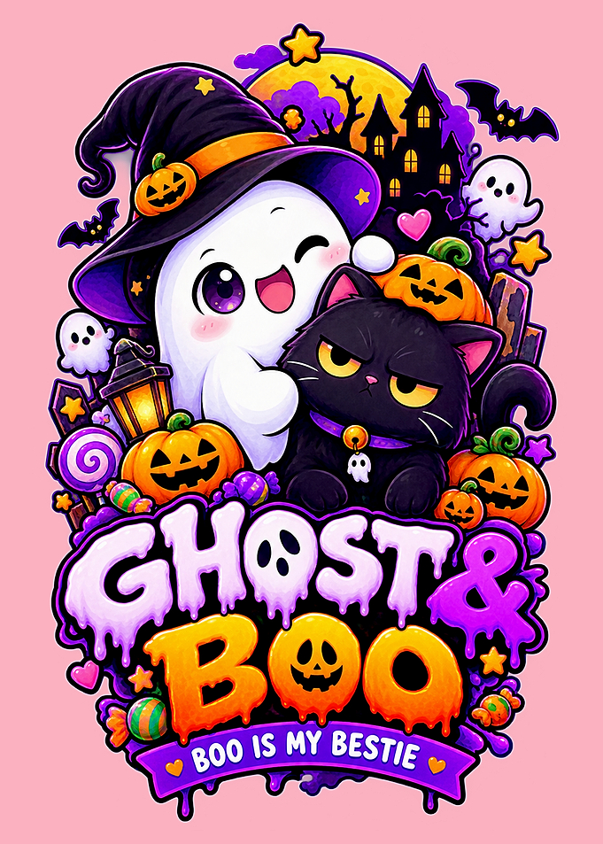 Cute Ghost and Black Cat Halloween
