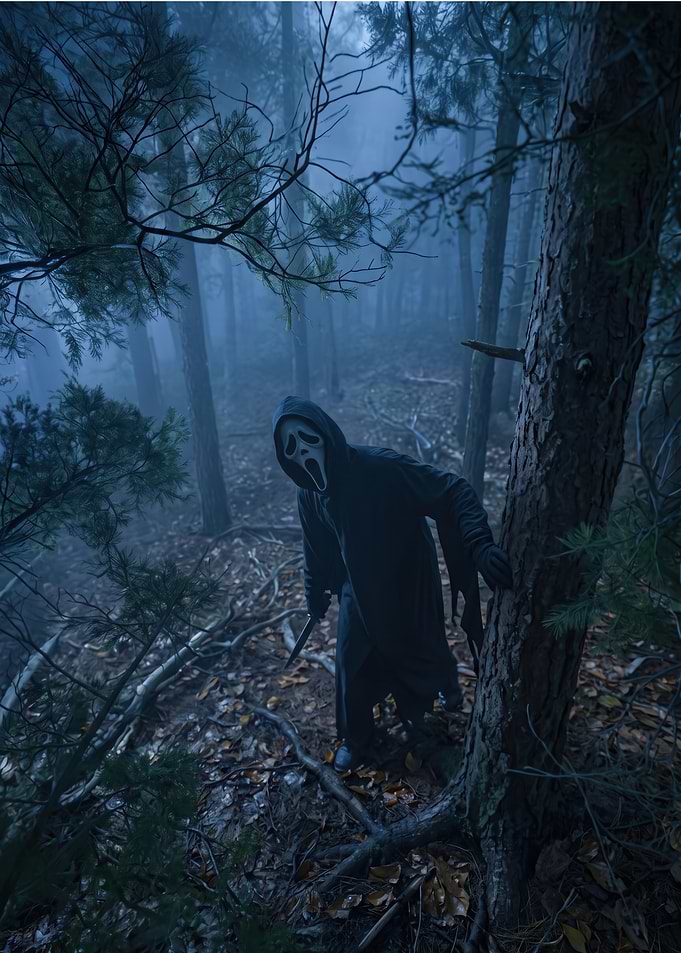 Ghostface Stalking in Misty Forest