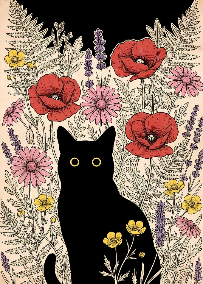 Black Cat Among Wildflowers Illustration