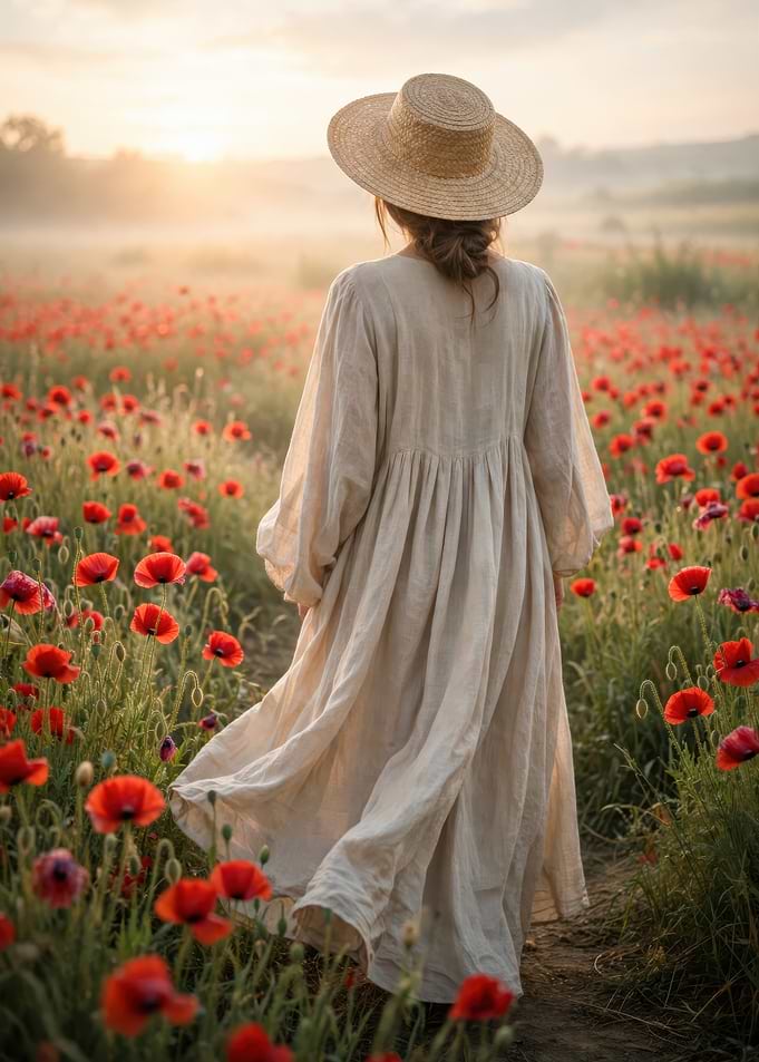 Woman in Linen Dress in Poppy Field