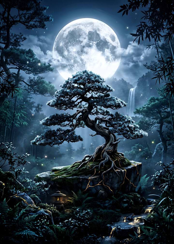 Bonsai Tree Under Full Moon
