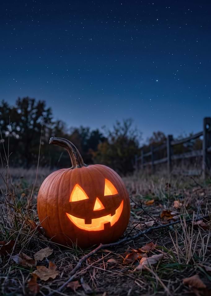 Glowing Jack-o'-lantern Under Starry Night Sky