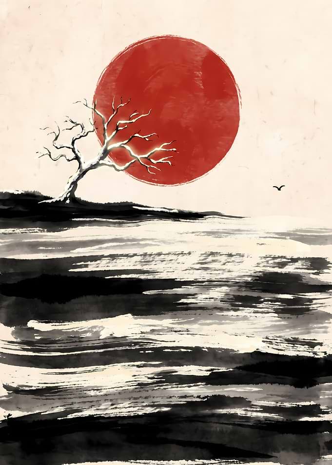Minimalist Japanese Ink Wash Landscape