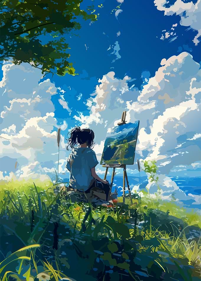 Girl Painting Landscape Under Blue Sky