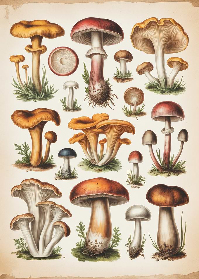 Vintage Botanical Mushroom Collection – Antique Scientific Fungi Illustration