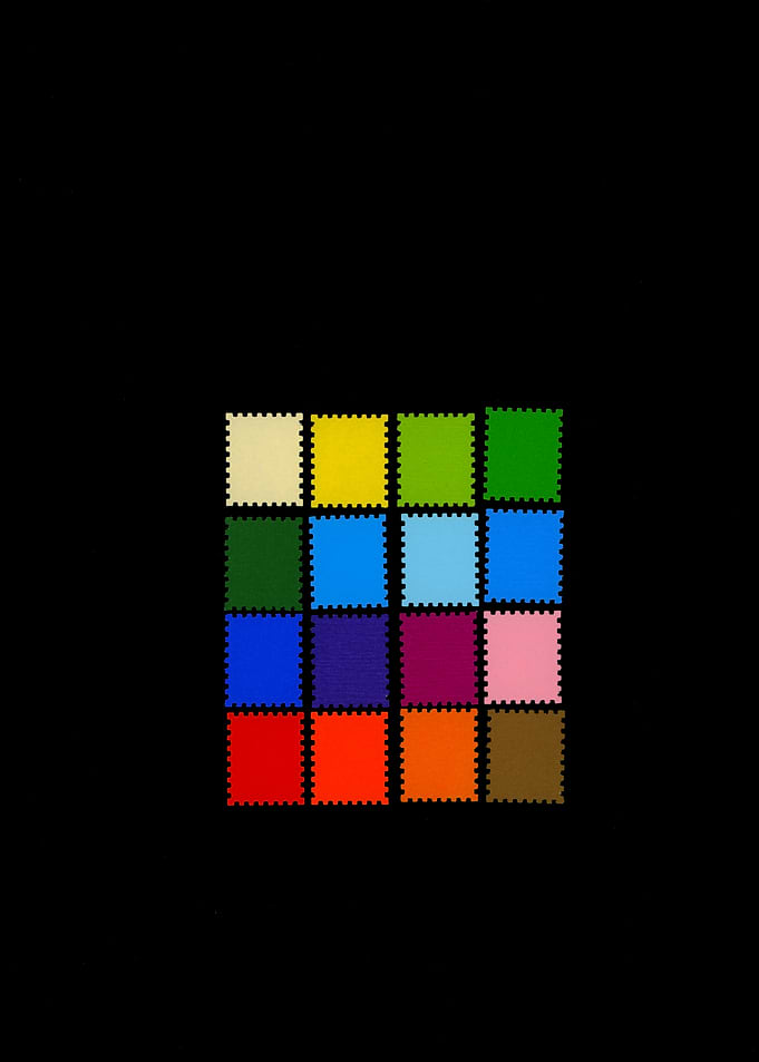 Grid of Sixteen Colorful Postage Stamps