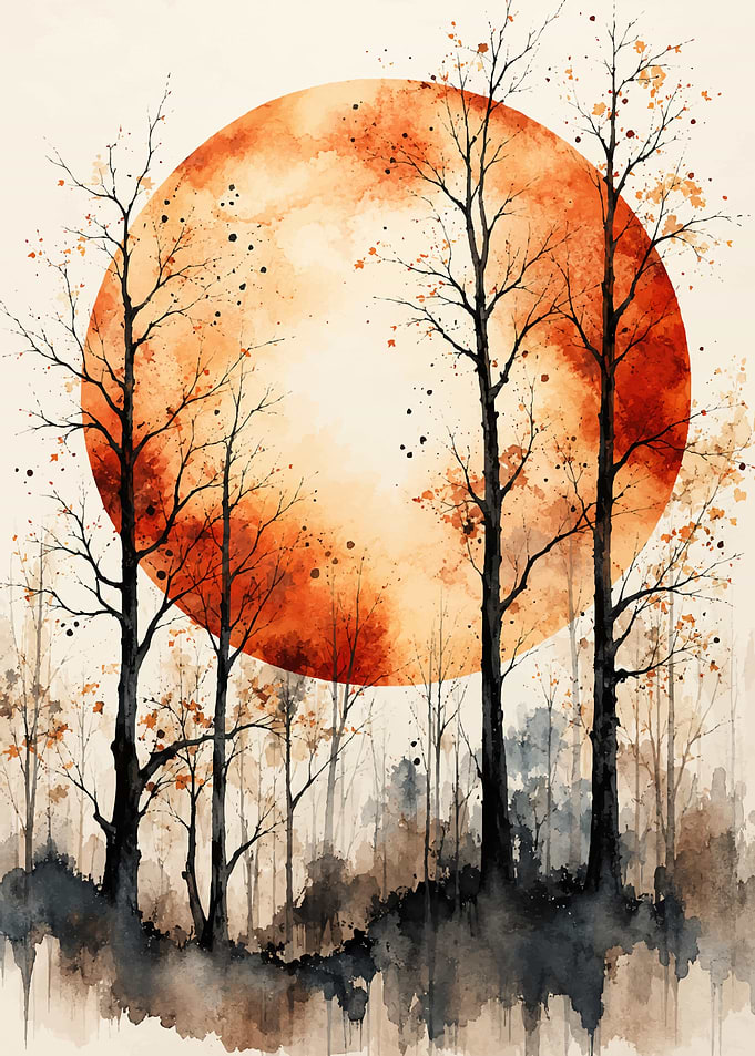 Watercolor Autumn Forest with Large Moon
