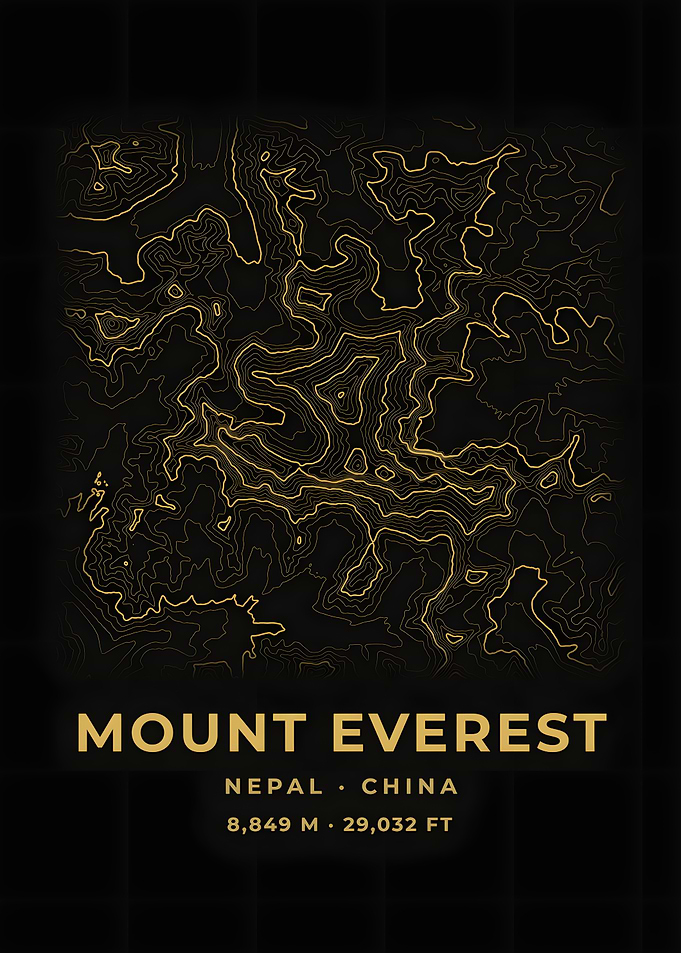 Mount Everest Topographic Map Black Gold Poster