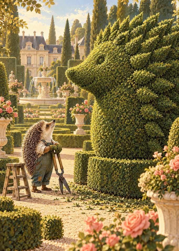 Hedgehog Gardener Sculpting Topiary