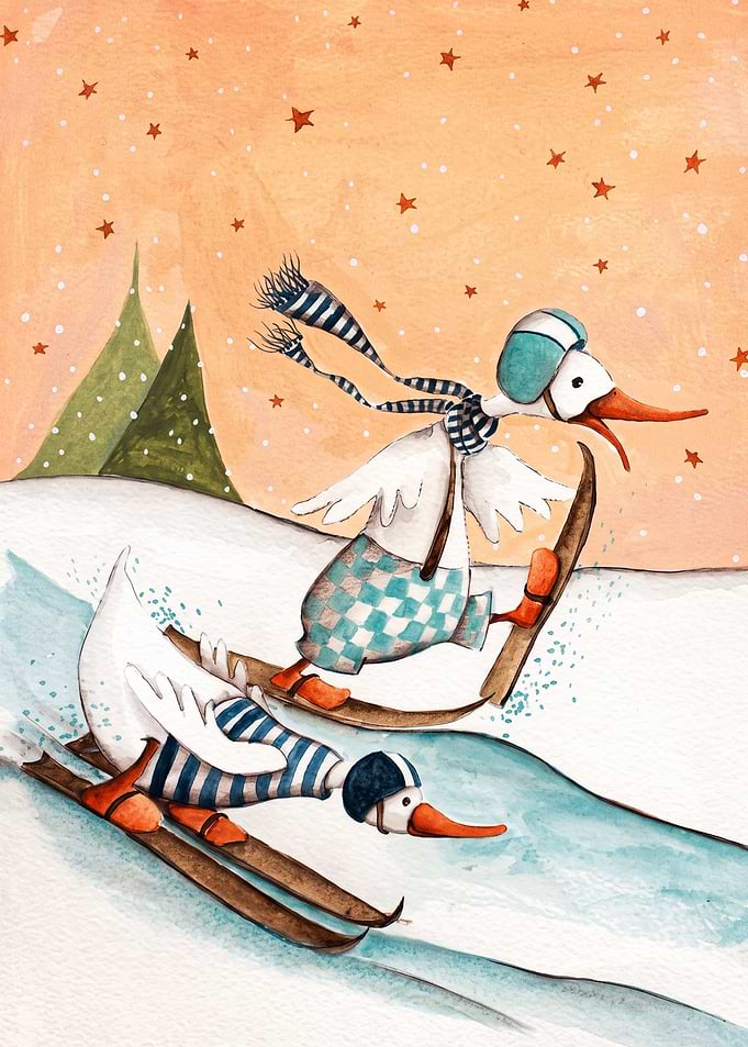 Two Ducks Skiing in Winter