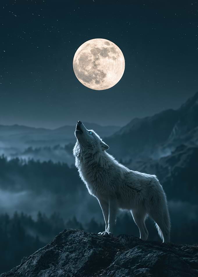 White Wolf Howling at Full Moon