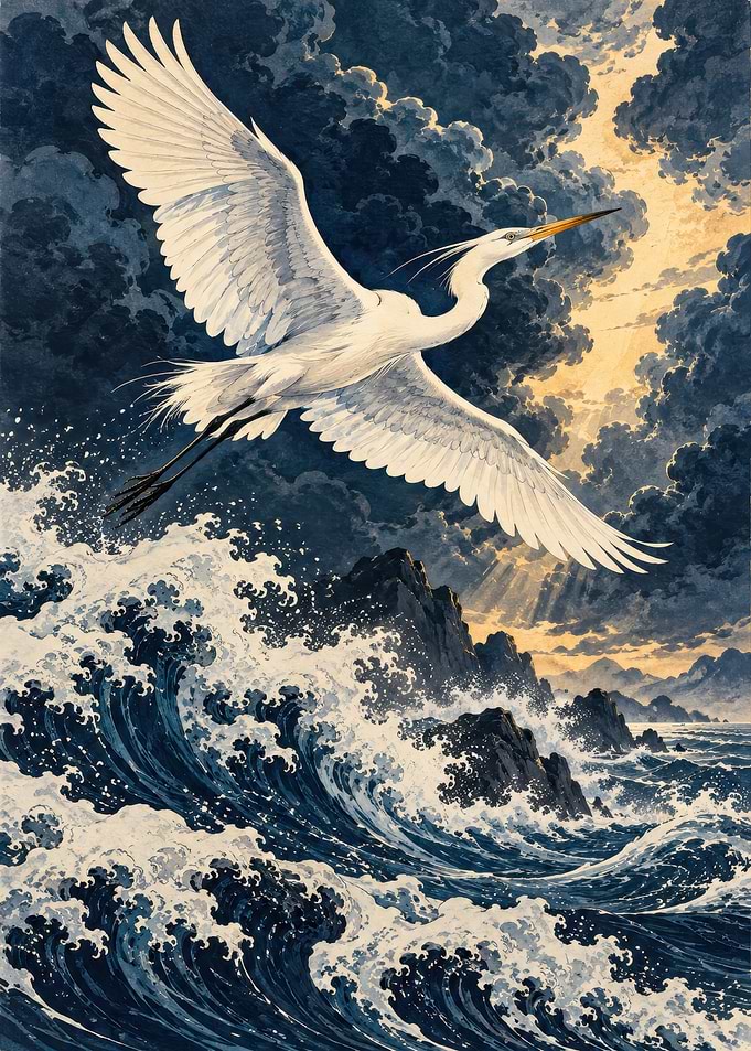 White Egret Flying Over Stormy Sea