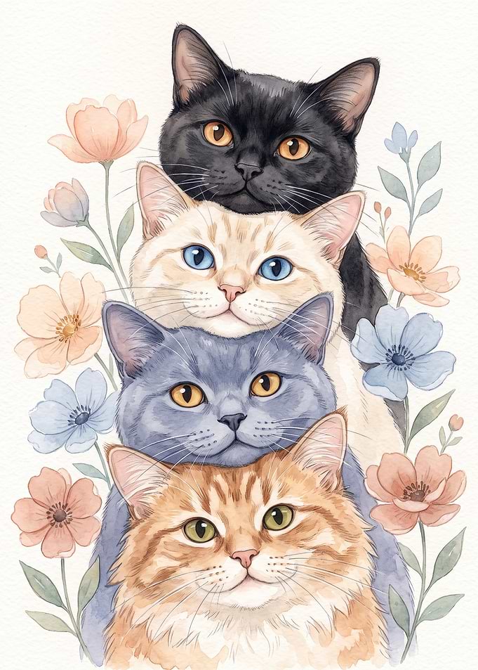 Four Stacked Cats with Floral Accents