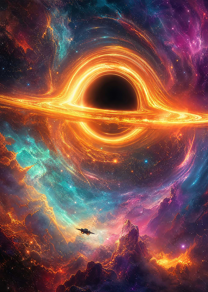 Spaceship Approaching a Glowing Black Hole