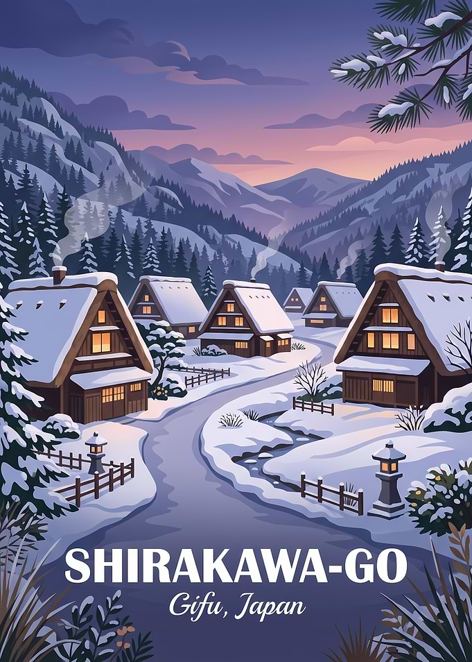 Shirakawa-go Winter Village Travel Poster
