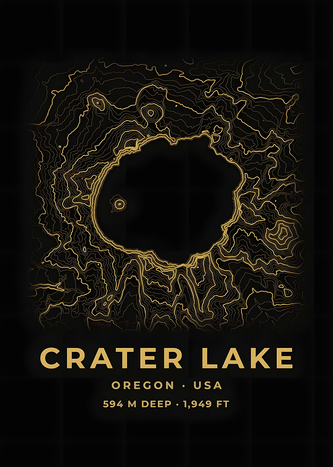 Crater Lake Topographic Map Black Gold Poster