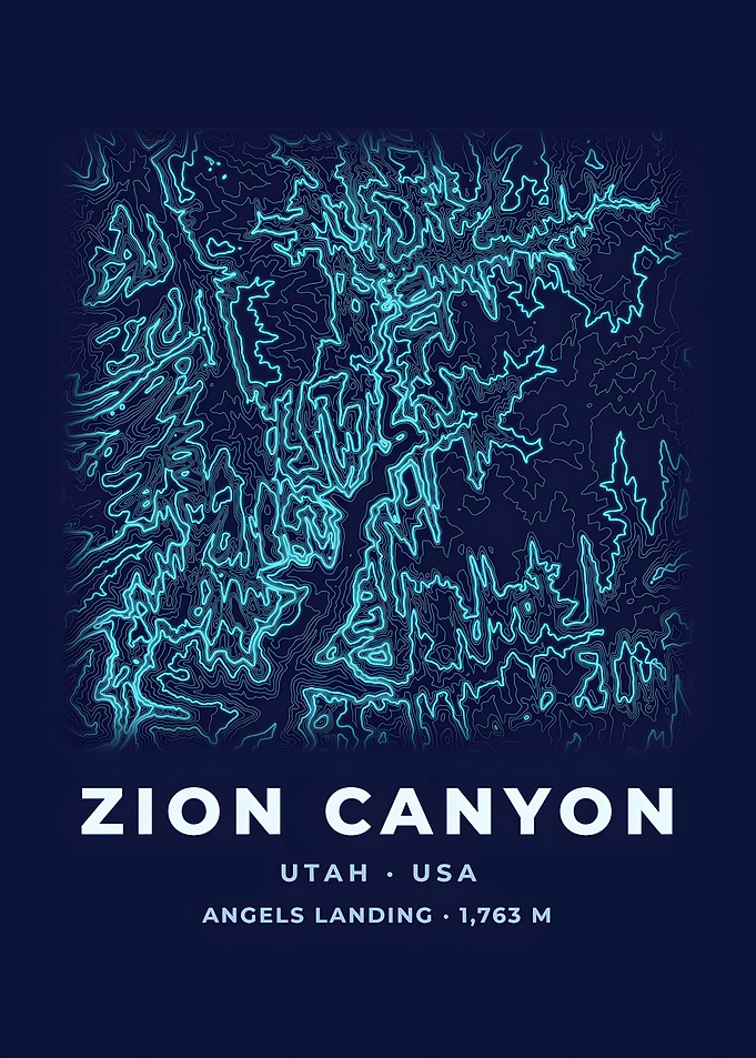 Zion Canyon Topographic Map Neon Blue Poster