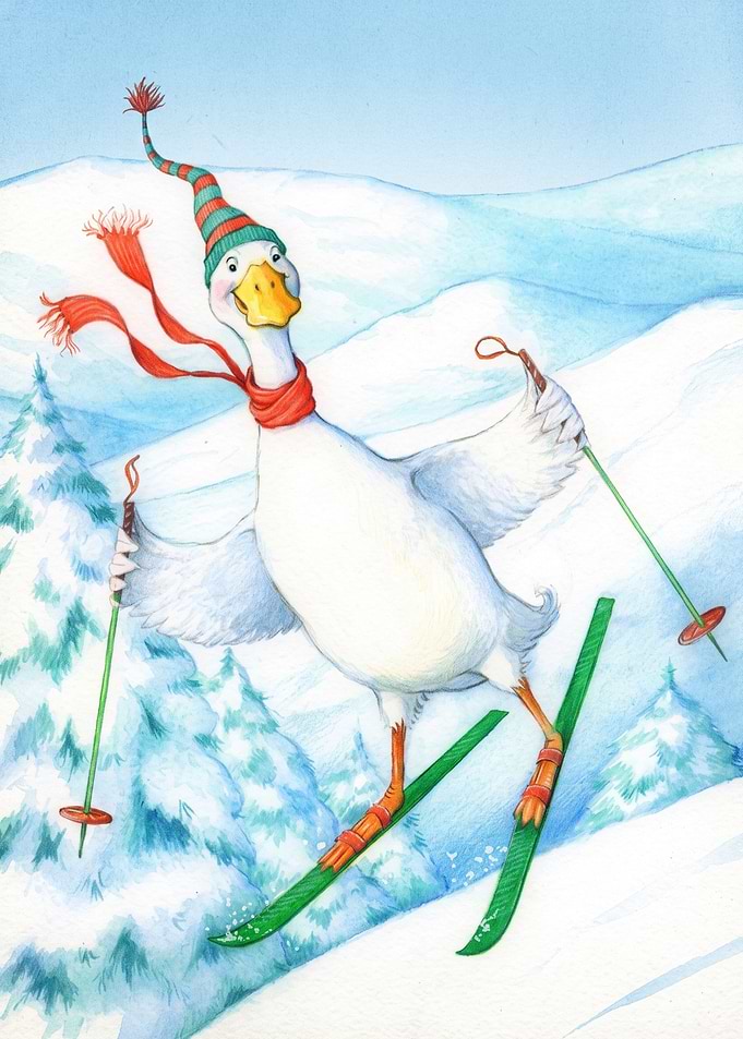 Cute Goose Skiing in Winter