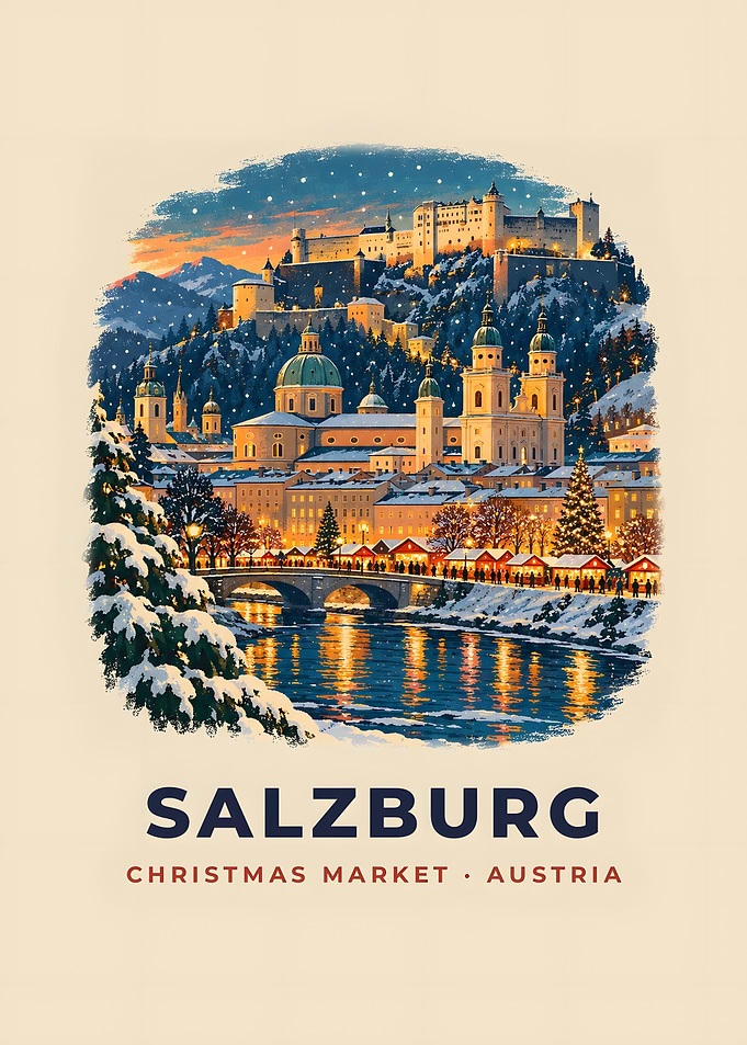Salzburg Christmas Market Vintage Poster Fortress River