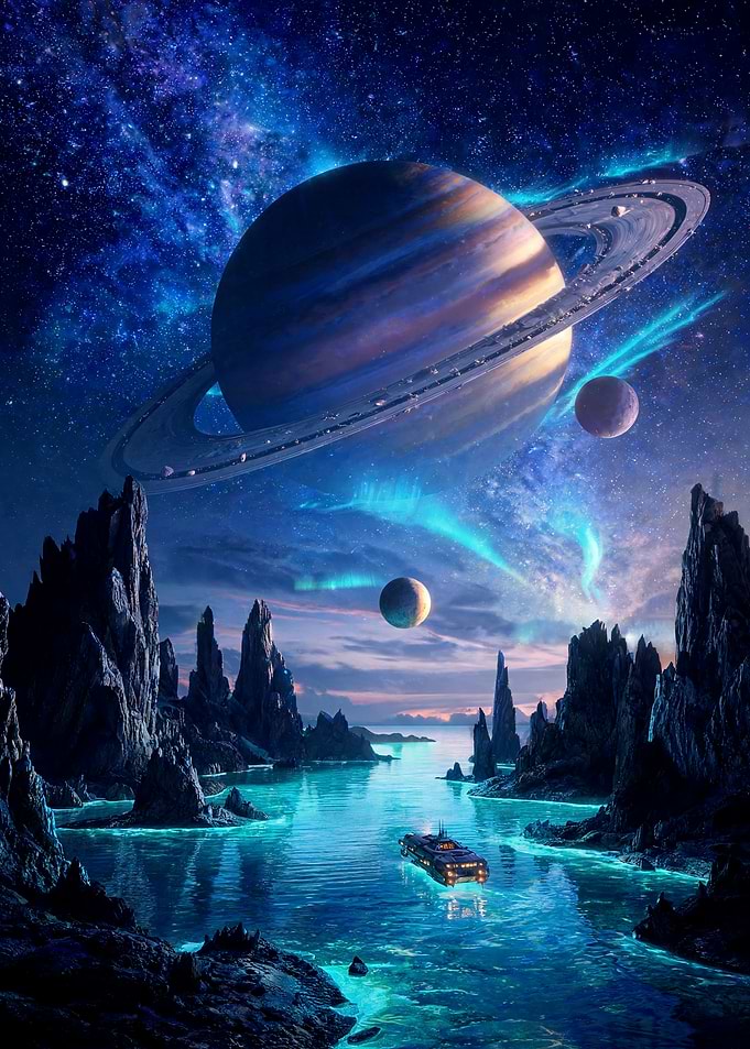 Alien Planet Landscape with Saturn-like Planet